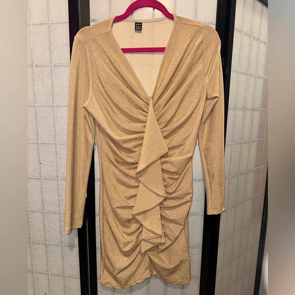 SHEIN Gold sparkle Ruched Dress size women's medium